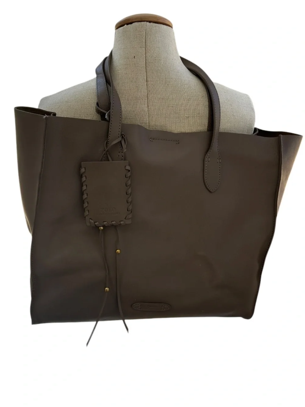 Polo Ralph Lauren taupe leather classic tote bag purse with zip pouch hangtag